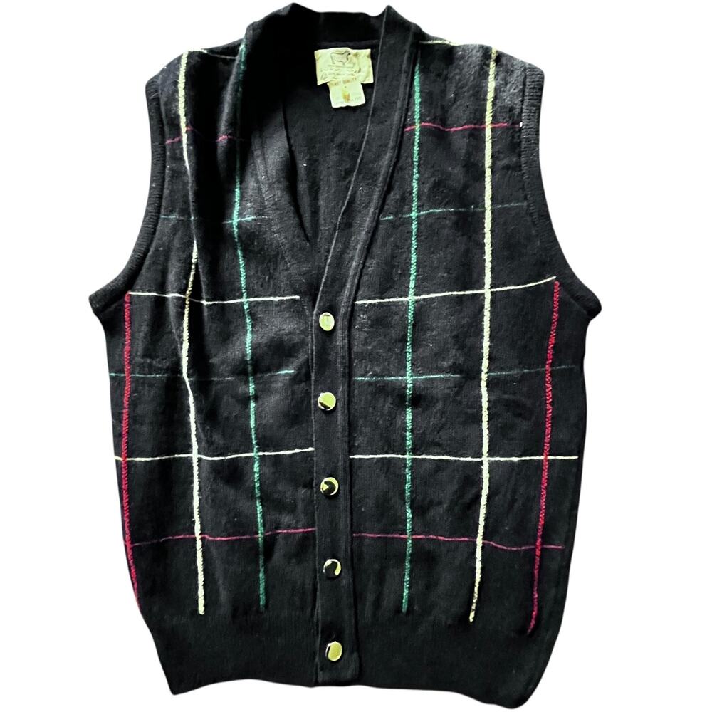Vintage Lord Jeff Sweater Vest Mens Medium Navy Plaid V Neck Lambswool Ireland